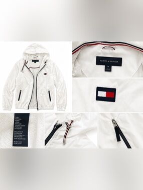 Tommy Hilfiger White Hooded Waterproof Windbreaker with Flag Patch